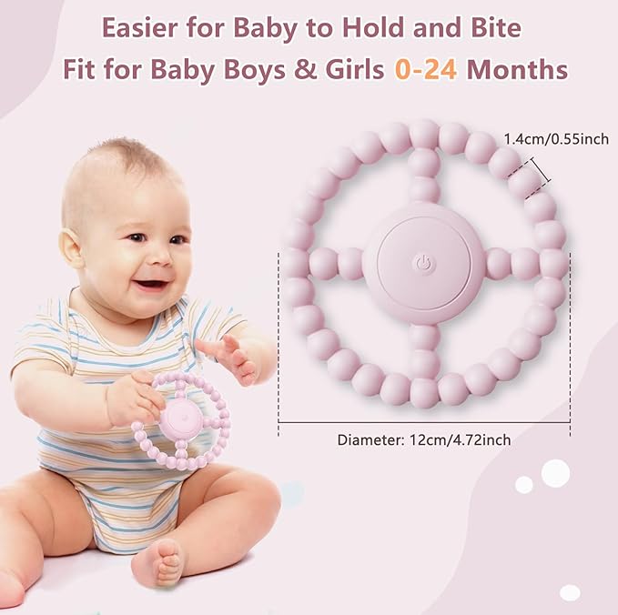 Vibrating Sensory Teething Toys, Soothing Chew Ring for Babies 6-18 Months, Autism Support & Oral Development, USB Rechargeable Teether for Toddlers, 1-2 Year Old Boys Girls Gifts idea (Pink)