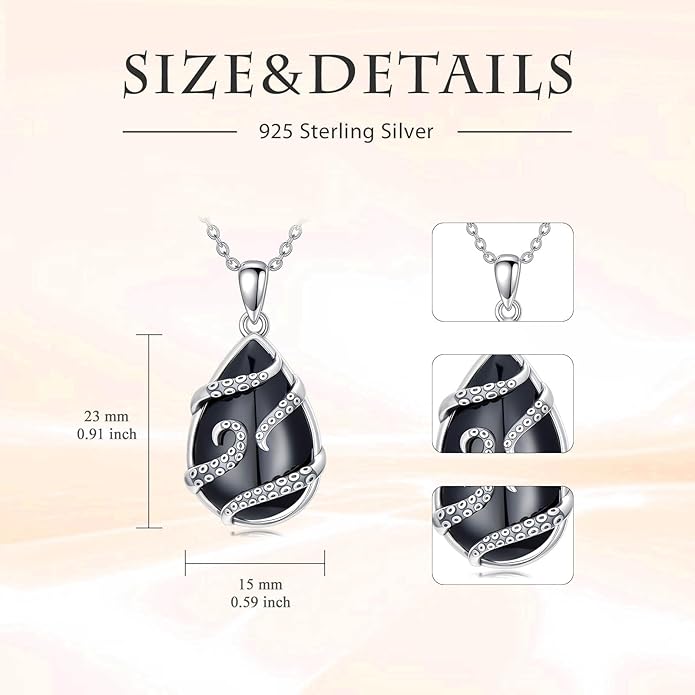 Black Onyx Necklace 925 Sterling Silver Flower Insect Pendant Teardrop Onyx Jewelry Valentines Day Birthday Gifts for Women
