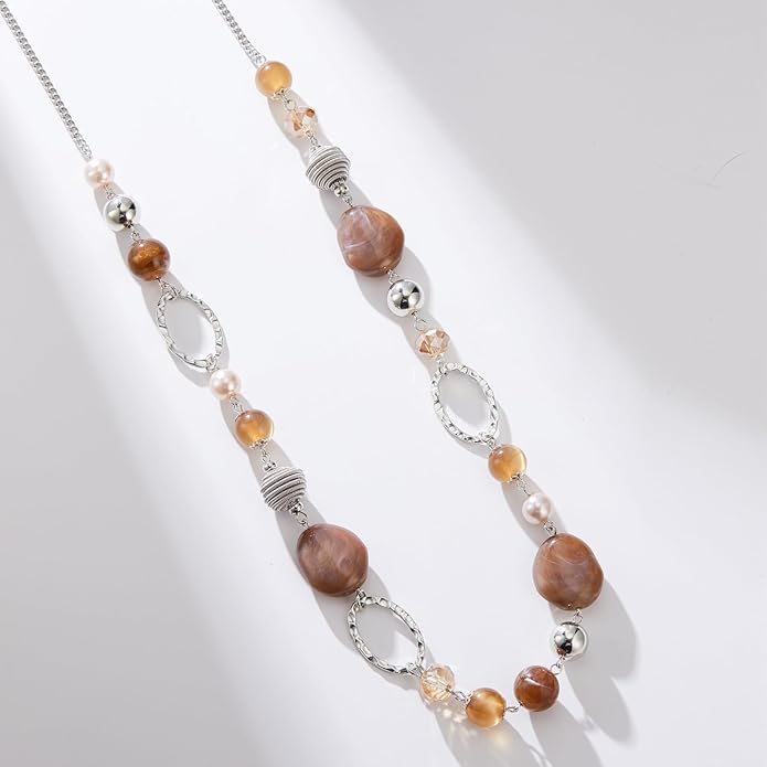 BULINLIN Beaded Long Necklace for Women Silver Sweater Chain Necklace with Crystal Resin Beads, Fashion Jewelry Necklace