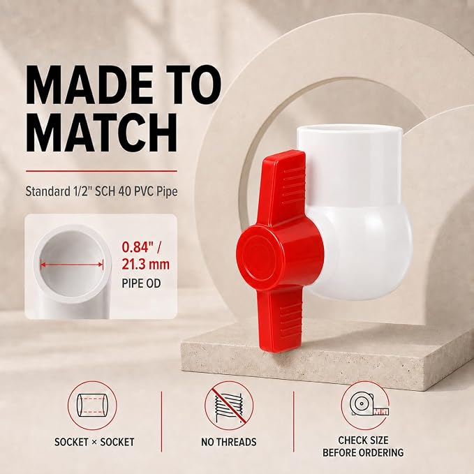 1 Inch PVC Ball Valve, 2 Pack | Fits 1.315" OD PVC Pipe, 150 PSI Socket x - Image 2