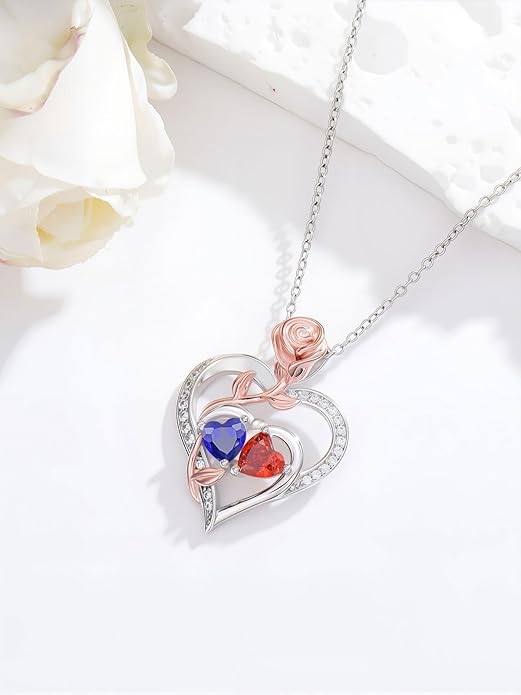 Rose Flower Heart Pendant for Women Birthday Gifts 18k Gold Plated Mother Daughter Necklace with 12 Months Birthstone Christmas Valentines Day Gifts for Her Mom Anniversarry Jewelry for Mom Wife Girlfriend