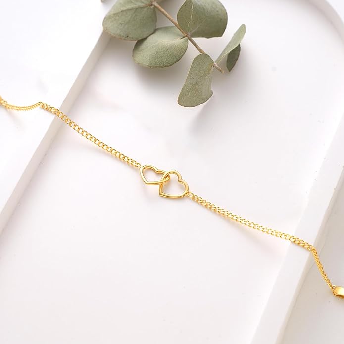 SLOONG Valentines Day Gifts for Her Gold Pearl Bracelets, 18K Real Gold Plated Dainty Stackable Snake Chain CZ Heart Pendant Bracelets, Layered Waterproof Jewelry Gift for Women Adjustable 6"+2"