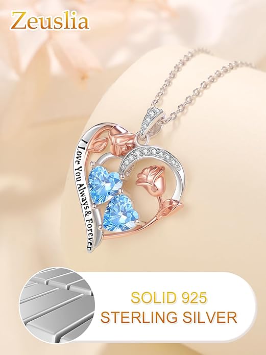 Valentine's Day Gifts for Wife 925 Sterling Silver Double Birthstone Pendant Necklaces I Love You for Always and Forever Necklace Anniversary Birthday Gifts for Wife Girlfriend Mom Her