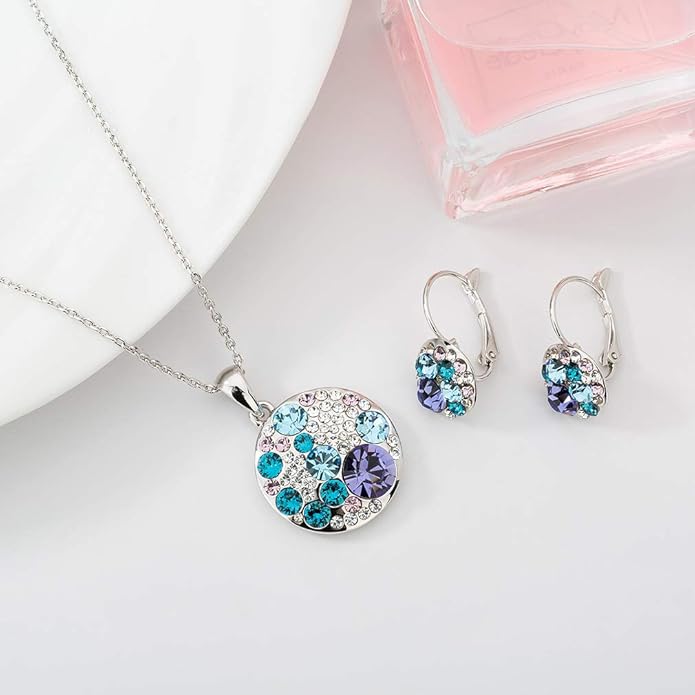 EVEVIC Austrian Crystals Round Disc Pendant Necklace Earrings for Women 14K Gold Plated Hypoallergenic Jewelry Sets