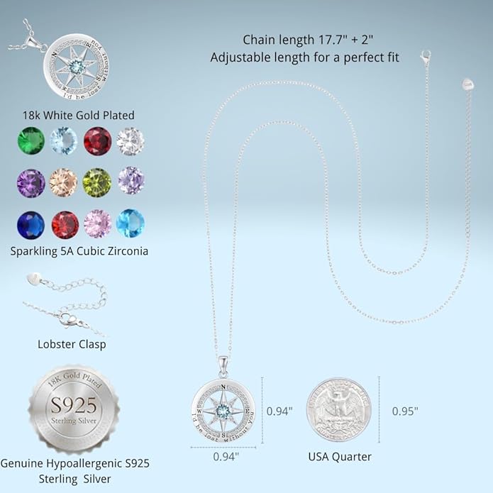 Compass Necklace for Women Wife Girlfriend Mom Daughter Gifts S925 Sterling Silver Jewelry For Anniversary Rose Gold Gifts For Birthday Christmas Mothers Valentines Day 12 Birthstones