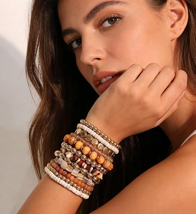 iF YOU 12 Pcs Boho Beaded Bracelets for Women, Brown Orange Bohemian Stackable Gold Bead Stretch Bracelets Stack Jewelry Gift