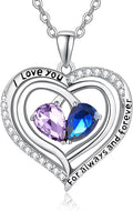 Valentine's Day Gifts for Wife 925 Sterling Silver Double Birthstone Pendant Necklaces I Love You for Always and Forever Necklace Anniversary Birthday Gifts for Wife Girlfriend Mom Her