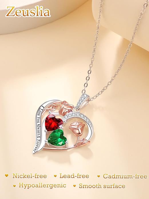 Valentine's Day Gifts for Wife 925 Sterling Silver Double Birthstone Pendant Necklaces I Love You for Always and Forever Necklace Anniversary Birthday Gifts for Wife Girlfriend Mom Her