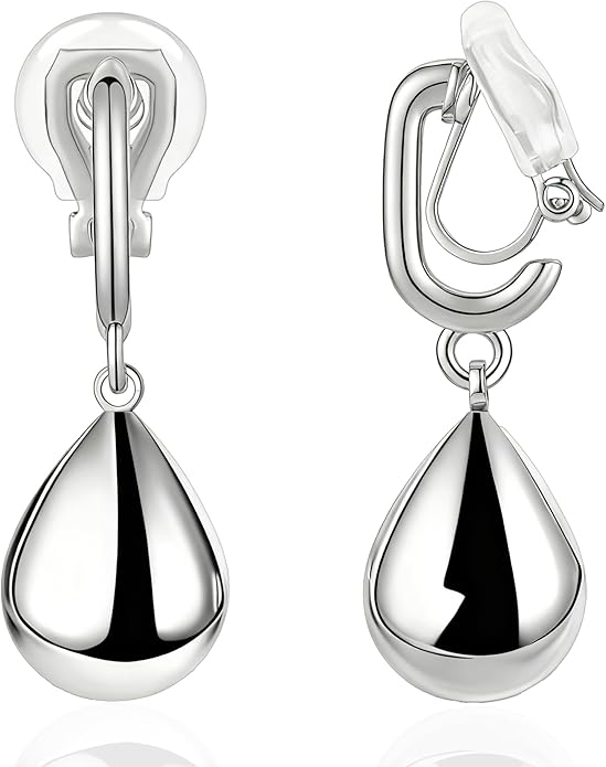 FAN&LOUIS Sliver Teardrop Clip On Earrings for Women，Non-Pierced Trendy Statement Dangle Water Drop Women's Hypoallergenic Clip-On Earrings