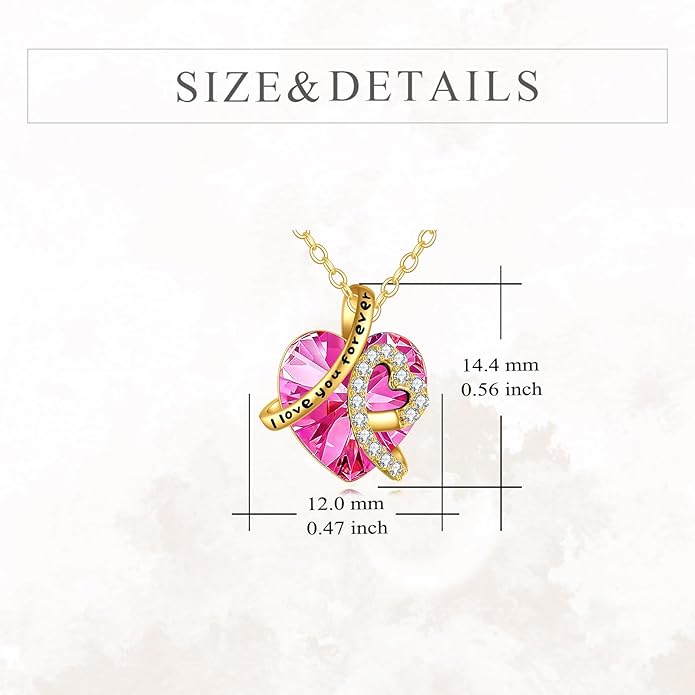 KECHO 14K Real Gold I Love You Forever Necklace Solid Yellow Gold Heart Birthstone Crystal Pendant Jewelry Birthday Mother's Day Anniversary Christmas Gifts for Women