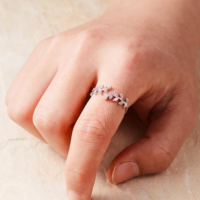 Adjustable S925 Sterling Silver Ring for Women,Branch Leaves Band Stacking Finger Ring,Paved Cubic Zirconia Stone Stackable Open Ring