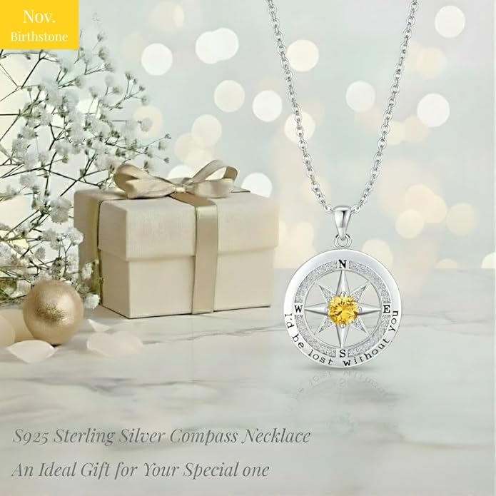 Compass Necklace for Women Wife Girlfriend Mom Daughter Gifts S925 Sterling Silver Jewelry For Anniversary Rose Gold Gifts For Birthday Christmas Mothers Valentines Day 12 Birthstones