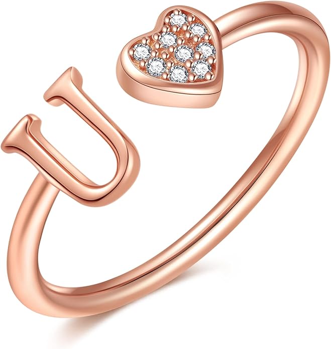 Valentines Day Gift Initial Rings for Teen Girls - S925 Heart Sterling Silver Rings for Teen Girls | 14K Gold/Rose Gold/Sterling Silver Plated Ring for Girls Kids Women Ring for Teenager Girls Gifts Adjustable, No Tarnish, Hypoallergenic