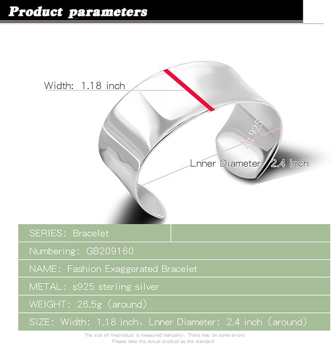 Dankadi Women 925 Sterling Silver Curved Bangle 30MM Wide Grooved Cuff Bangle Shiny Punk Open Bracelet Adjustable Plated 24k Gold/Rose Gold Jewelry Gift