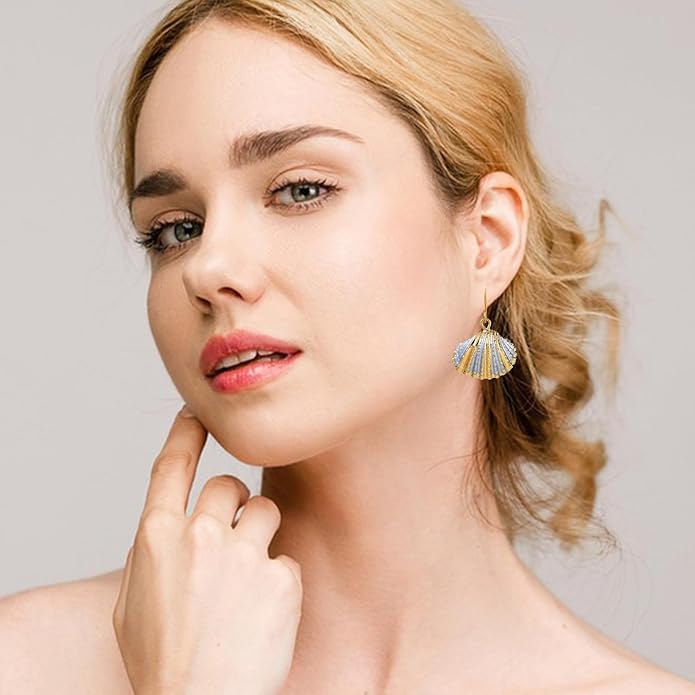 Beach Summer Sea Shell Earrings For Women, Tropical Natural Scallop Shell Jewelry Boho Earring Set Bulk Pack Vacation Dangling Drop Light Formal