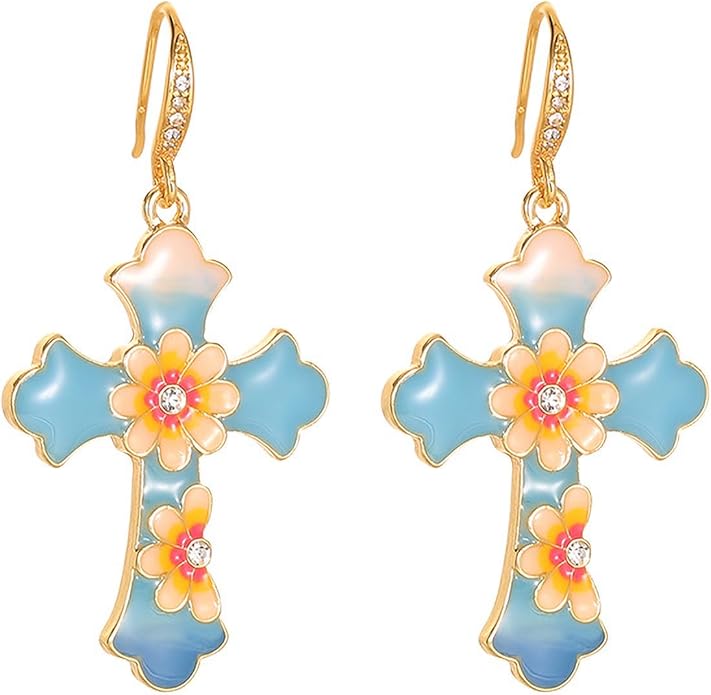 Flower Cross Dangle Earrings for Women, Gold Enamel Hypoallergenic Jewelry