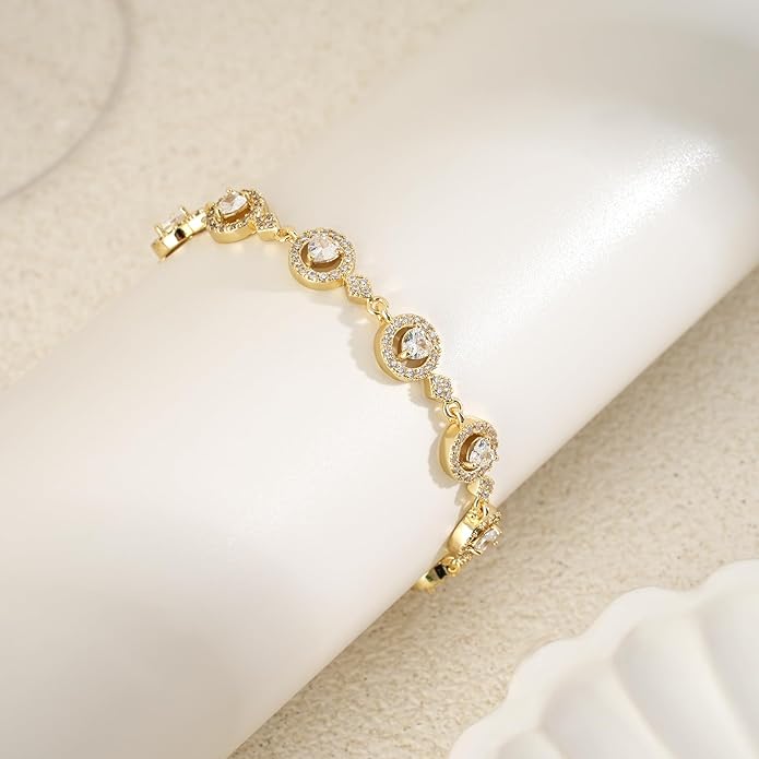 Tennis Bracelet for Women 14K Gold Plated Cubic Zirconia Bracelet,Classic Crystal Tennis Bracelet, Rhinestone Delicate Bracelet Gift for Her