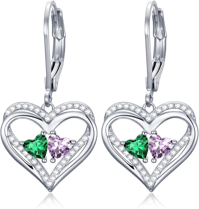 Valentines Day Gifts for Women, Heart Leverback Earrings Double Birthstone Dangle Earrings for Women, Love Jewelry for Her, Anniversary Birthday Gift for Mom Wife Girlfriend