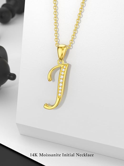 14k Gold Initial Necklace for Women, Solid Gold Moissanite Letter Pendant Necklaces Jewelry for Her Birthday Valentines Day Gifts for Mom Wife Christmas Gifts for Girlfriend Sister