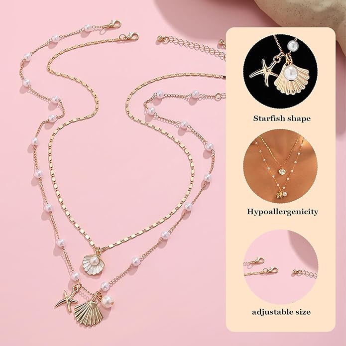 Gold Sea Shell Necklace Layered Charm Necklace for Women Boho Summer Seashell Beach Starfish Necklaces 14k Pearl Chain Surfer Jewelry Beach Vacation Essentials