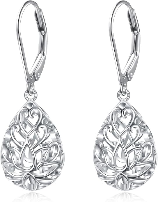 925 Sterling Silver Filigree Dangle Drop Earrings Daisy/Lotus/Rose Flower/Moonstone Leverback Teardrop Earrings for Women Infinity Celtic Knot Daisy Lotus Jewelry for Mothers Day