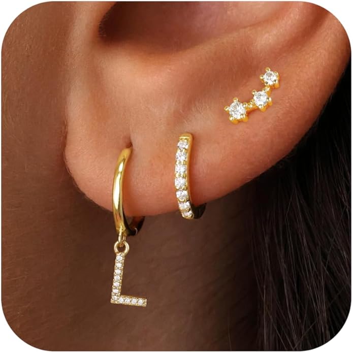 Valentines Day Gifts for Kids Girls - 3 Pairs Gold Earrings for Women Huggie Hoop Earrings for Girls with Initial Dangle Cartilage Earring Studs Hypoallergenic Earring Set for Multiple Piercing