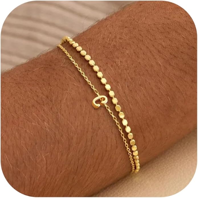 Initial Bracelets for Women, Dainty 14K Gold Plated Layered Letter Bracelet, Trendy Charm Stackable Jewelry Valentines Day Gift for Her