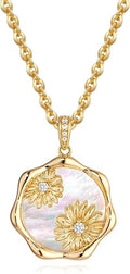 MTMY Birth Flower Necklace 14K Gold Plated Mother of Pearl Disc Birth Month Flower Pendant Necklaces for Women Personalized Custom Floral Jewelry Birthday Gift