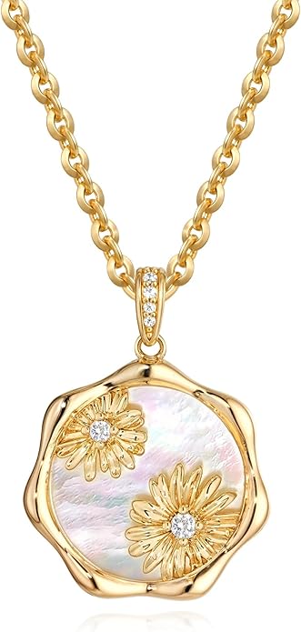 MTMY Birth Flower Necklace 14K Gold Plated Mother of Pearl Disc Birth Month Flower Pendant Necklaces for Women Personalized Custom Floral Jewelry Birthday Gift