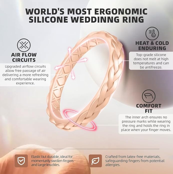 Egnaro Women's Wedding Bands, Silicone Thin and Stackable Rubber Engagement Ring, Variety Multipack With Breathable Grooves Workout Accessories
