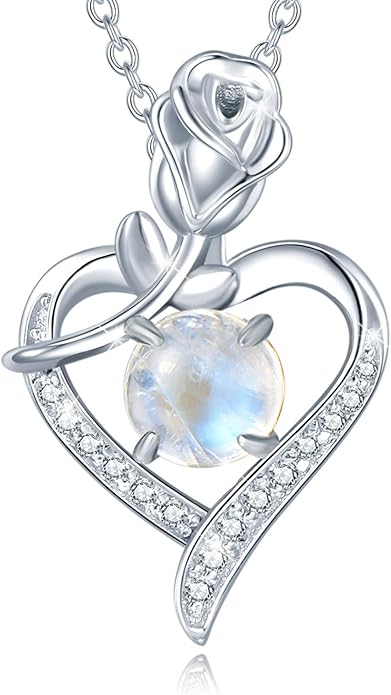 AGVANA Valentines Day Gifts Rosy Reverie Birthstone Necklace for Women Sterling Silver Genuine or Created Gemstone Rose Flower Heart Pendant Necklace Anniversary Birthday Gifts for Women Mom Wife Her