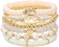GOOJIDS Surfer Heishi Clay Bead Bracelets for Women Bohemian Stackable Gold Plated Beaded Stretch Bracelets Elastic Layering Friendship Bracelets Set Boho Jewelry
