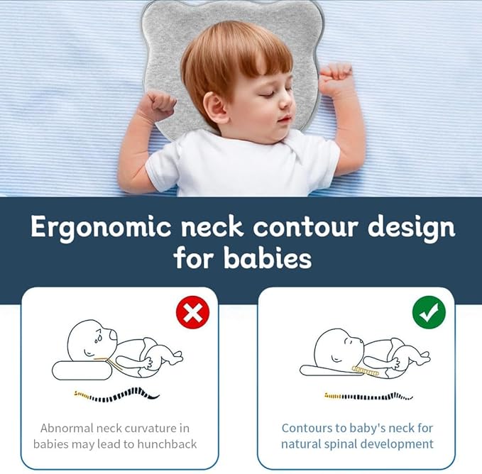 Memory Foam Baby Pillow for Newborn Flat Head Baby Pillow Machine-Washable Neck Support Prevent Flat Head 100% Cotton,Grey
