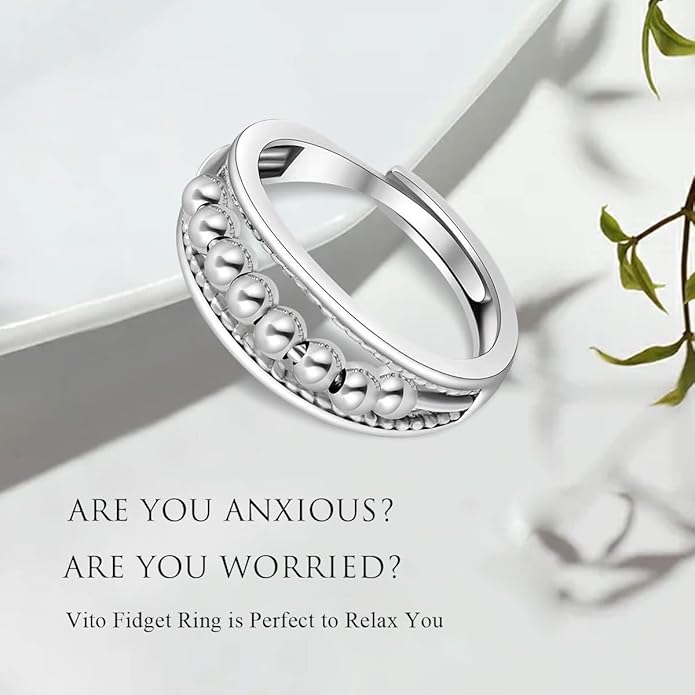 Vito 925 Sterling Silver Fidget Anxiety Ring for Women, Adjustable Open Spinner Ring Stress Relief Ring Stacking Band Anillos Jewelry Gift for Mom Daughter