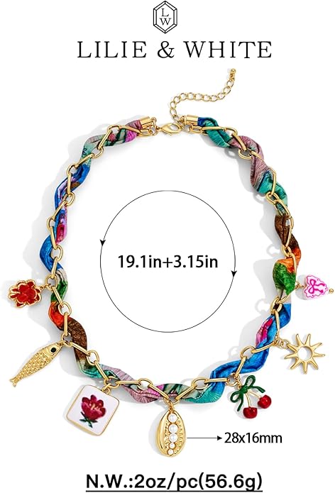 LILIE&WHITE Gold Charms Necklace for Women Bandana Necklace with Colorful Charms Necklaces Beach Jewelry Gift