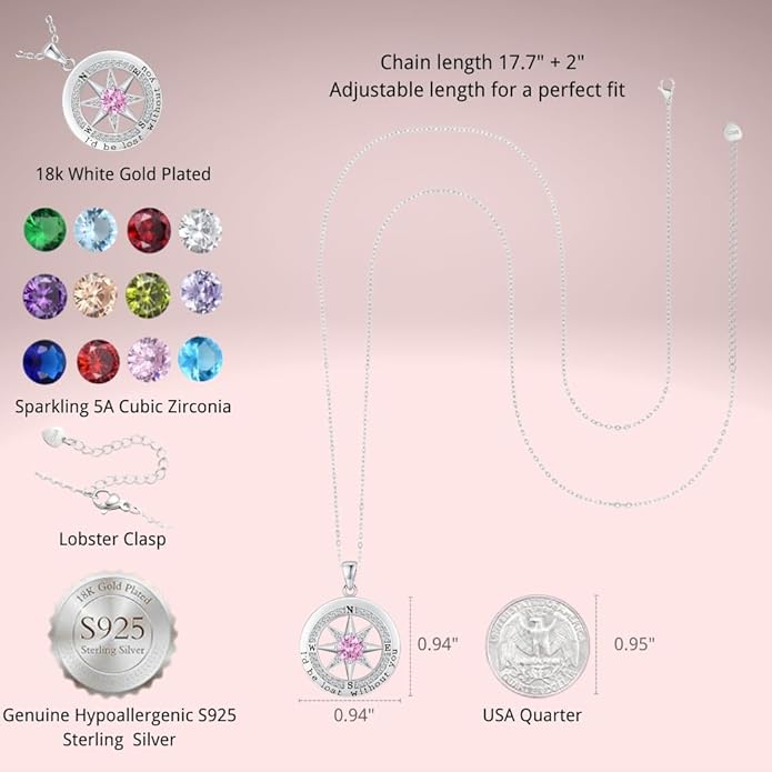 Compass Necklace for Women Wife Girlfriend Mom Daughter Gifts S925 Sterling Silver Jewelry For Anniversary Rose Gold Gifts For Birthday Christmas Mothers Valentines Day 12 Birthstones