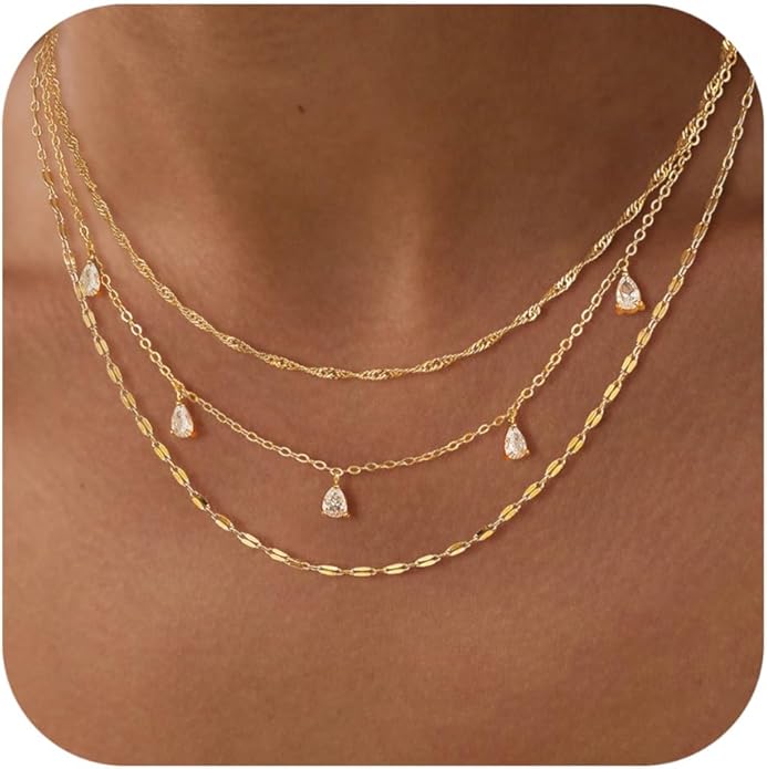 Layered Necklaces for Women, Dainty Gold Necklace Stack 14k Gold Plated Layering Cubic Zirconia Choker Necklaces for Women Trendy Simple Layered Gold Necklace Set Fashion Jewelry