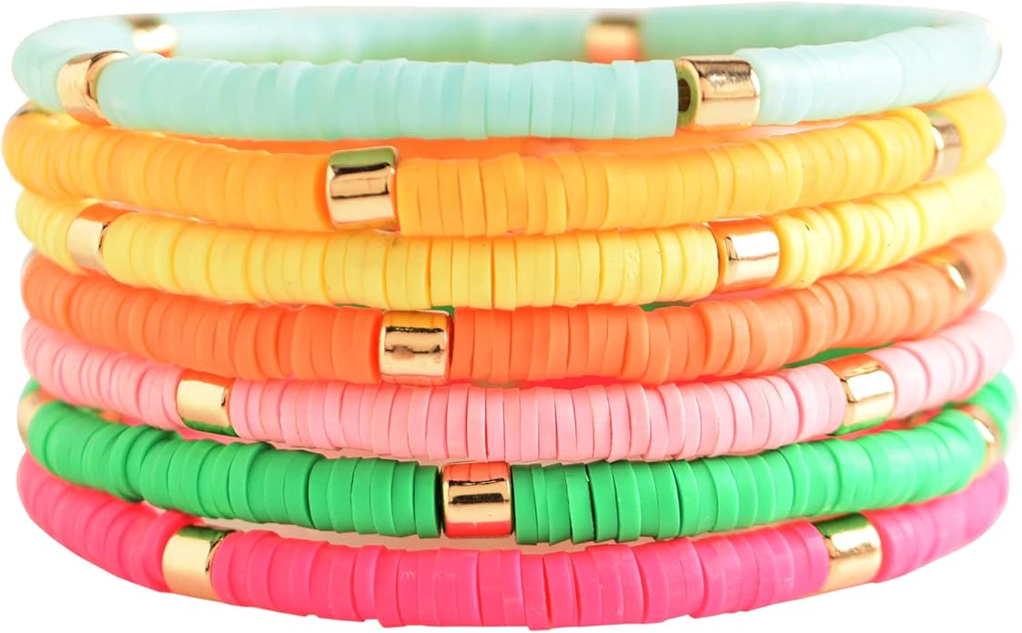 GOOJIDS Surfer Heishi Clay Bead Bracelets for Women Bohemian Stackable Gold Plated Beaded Stretch Bracelets Elastic Layering Friendship Bracelets Set Boho Jewelry