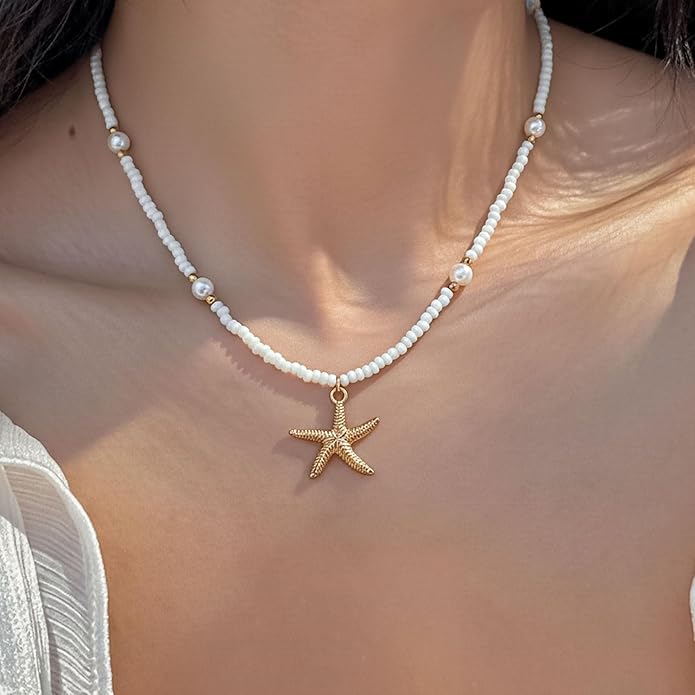 Women's Shell Starfish Boho Layered Beaded Necklace Choker for Summer Beach Vacation Gifts for Birthday/Anniversary/Christmas