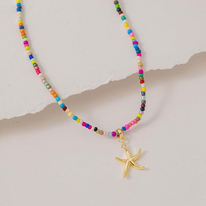 VRIUA Colorful Beaded Necklaces for Women – Summer Beach Boho Starfish, Conch, Shell, Pearl, Palm tree Pendant Necklace Jewelry