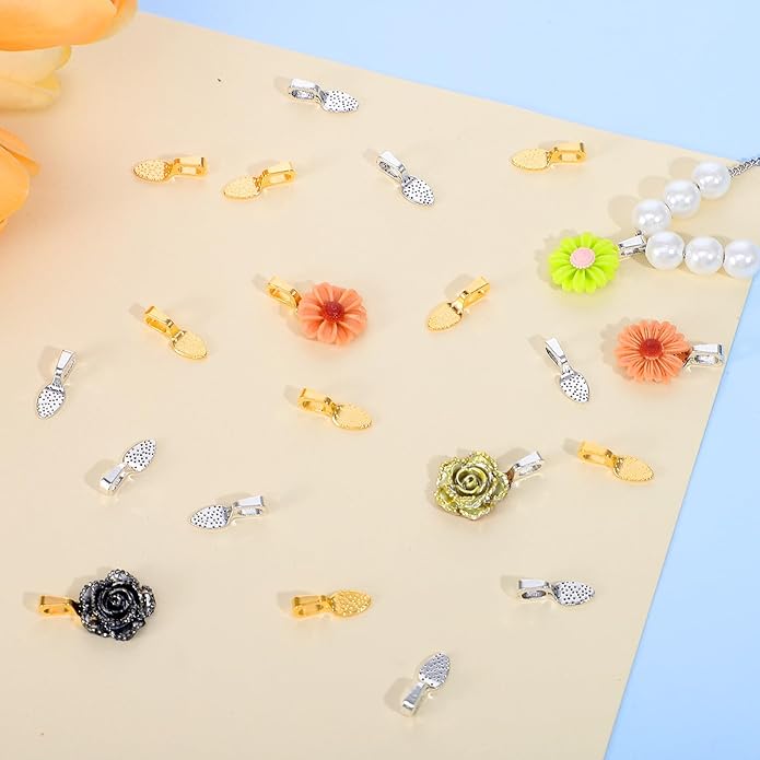 200 Pcs Jewelry Bails, Glue on Shovel Pendant Bails, Spoon Shaped Flat Pad Bail Pendant Charms, Alloy Jewelry Findings for DIY Necklace, Bracelet, Earring, Keychain Craft (Gold, Silver)