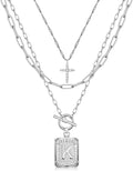 MJartoria Layered Initial Necklaces for Women Trendy, 14K Gold Plated Brass Simple Dainty Cross Choker Square Letter Pendant Necklace, Paperclip Chain Necklaces Jewelry