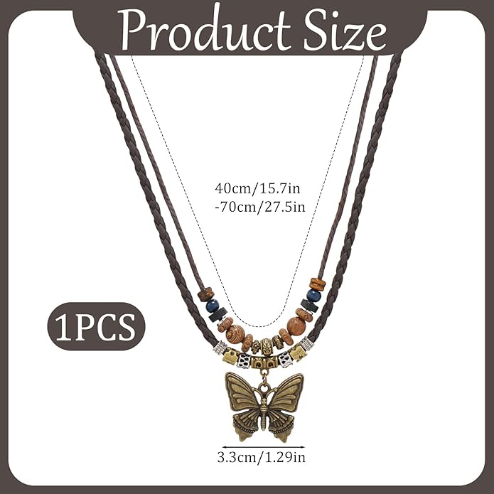 Boho Necklace for Women,Vintage Butterfly Pendant Necklaces,Adjustable Wooden Beads Layered Braided Choker,Fashion Tribal Style Leather Rope Necklace Jewelry,Chunky Statement Gift for Women