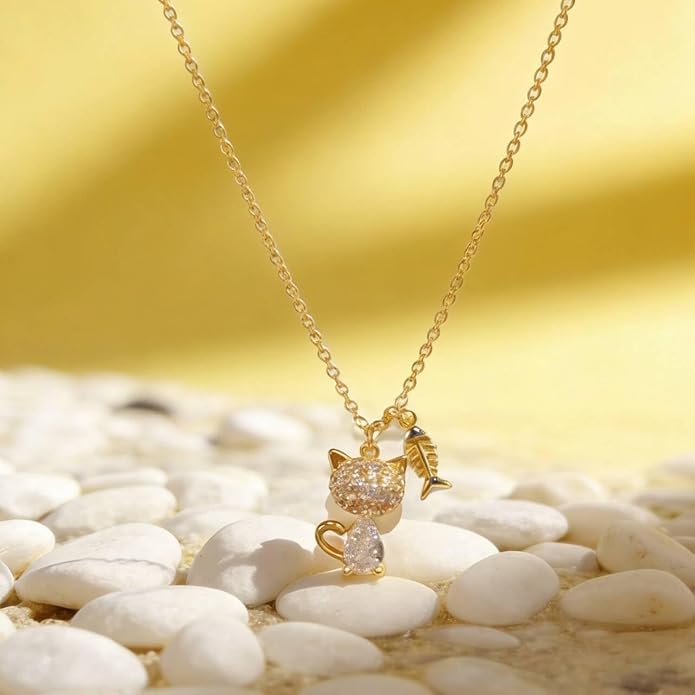Cute Cat Pendant Necklace for Women Girls, Gold Plated Dainty Kitty Necklace, Sparkling Animal Jewelry with Crystal Charm, Adjustable Chain, Sweet Gift for Birthday, Valentines, Christmas
