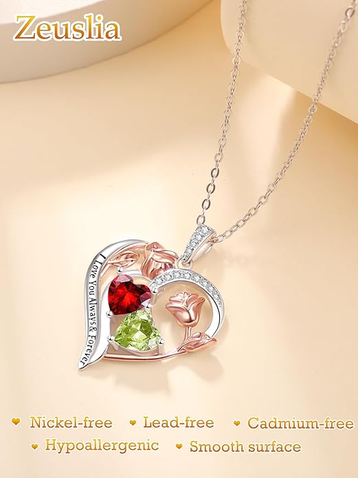 Valentine's Day Gifts for Wife 925 Sterling Silver Double Birthstone Pendant Necklaces I Love You for Always and Forever Necklace Anniversary Birthday Gifts for Wife Girlfriend Mom Her