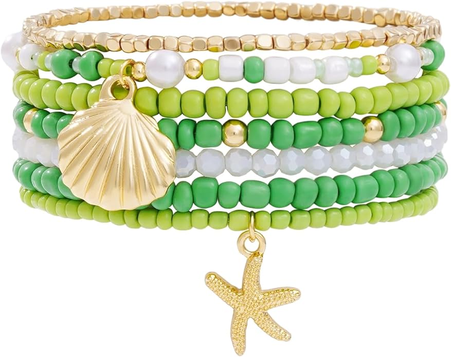 Shell Bracelet Seashell Boho Beaded Stretch Bracelets for Women Summer Beach Bracelets Starfish Charm Bracelet Stackable Gold Plated Bracelets Set for Women