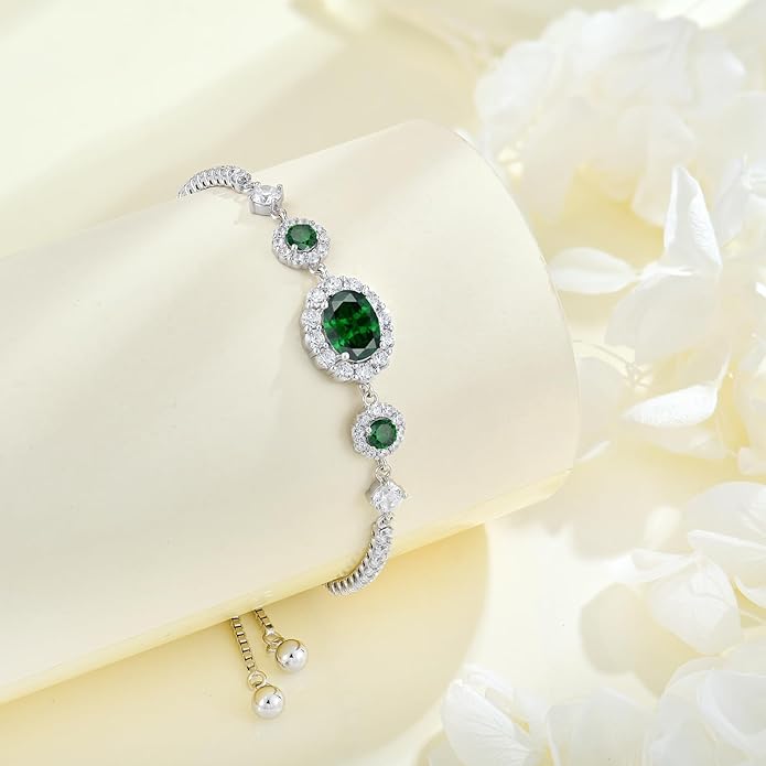 925 Sterling Silver Birthstone Bracelets for Women, Adjustable Halo Cubic Zirconia CZ Bracelet Anniversary Birthday Jewerly for Mom Wife