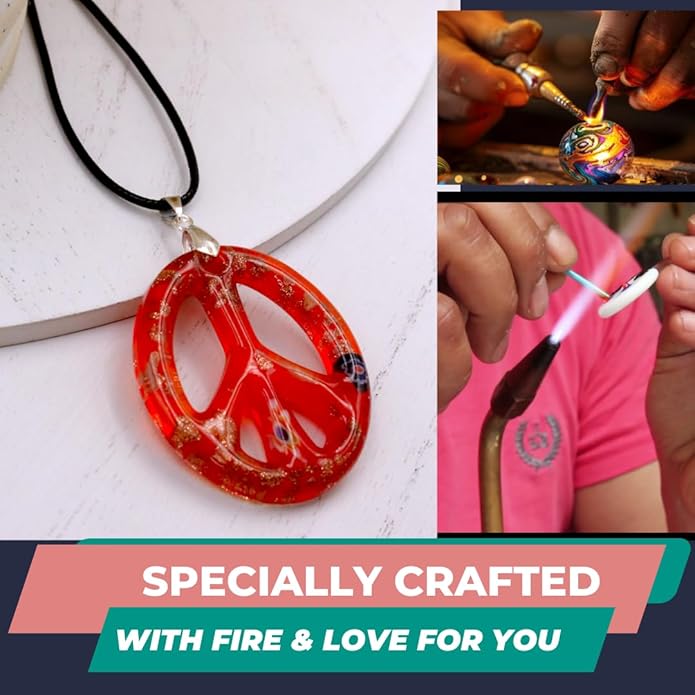 BESHEEK Murano Inspired Peace Sign Blown Glass Lampwork Art Pendant Necklace for Women Handcrafted Artisan Hypoallergenic Italian Style Jewelry
