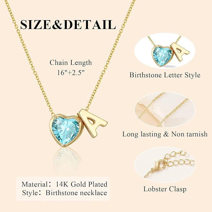 Valentines Day Gifts for Her- Heart Birthstone Initial Necklace for Women Girls,14K Gold Plated Heart Letter A-Z Necklace Birthday Trendy Jewelry Gifts for Women Girls Daughter