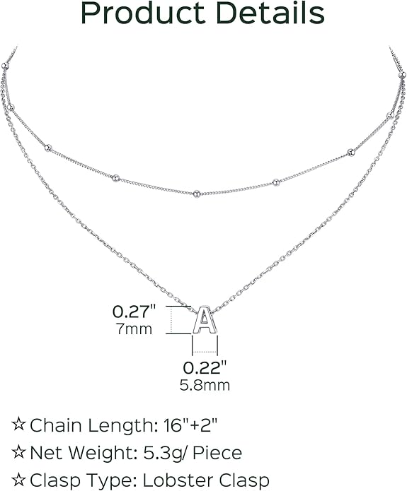 ChicSilver Layered Initial Necklace for Women, 925 Sterling Silver Personalized Letter A-Z Pendant Necklaces, Hypoallergenic Silver Choker with Adjustable 16" Rolo Chain, Dainty Birthday jewelry